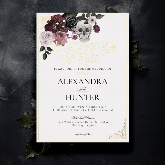 Invitation En Aluminium Til Death Aquarelle Crâne Rose Mariage gothique (Til Death Watercolor Skull Rose Gothic Wedding Foil White Invitation)