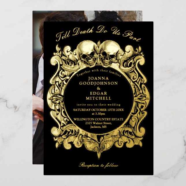 Invitation En Aluminium Till Death Gothic Photo Mariage Noir Et Or (Recto/Verso)