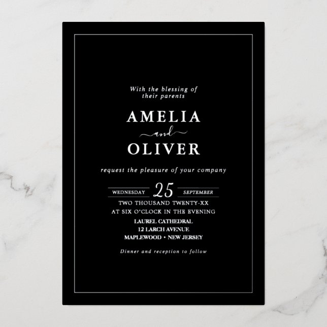 Invitation En Aluminium TIMELESS Black & Silver Minimalist Wedding Design (Recto)
