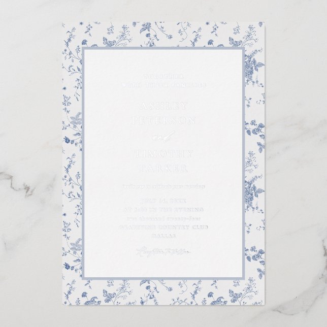 Invitation En Aluminium Toile victorienne Français Bleu Classique Mariage  (Recto)