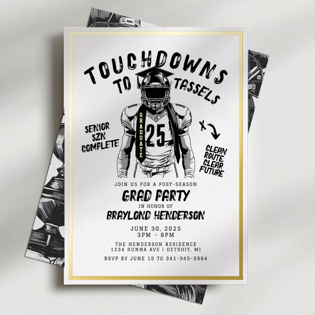 Invitation En Aluminium Touchdowns aux Pompons Soirée de remise de diplôme (Gold Foil Football Graduation Invitation)