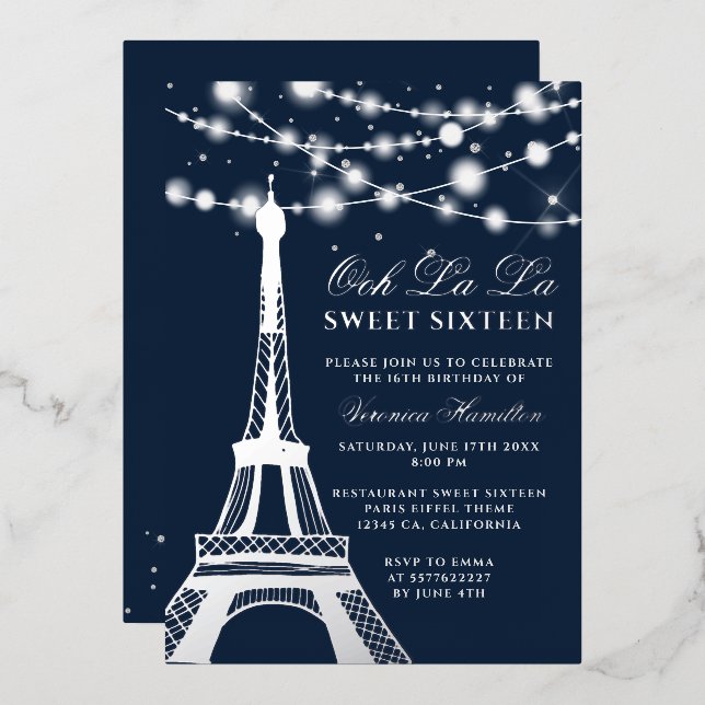 Invitation En Aluminium Tour Eiffel argent lumières parties scintillant bl (Recto/Verso)