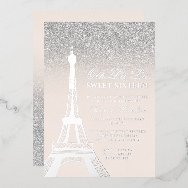 Invitation En Aluminium Tour Eiffel chic argent parties scintillant rose S (Recto/Verso)