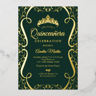 Invitation En Aluminium Tourbillon d'or émeraude Élégant Quinceanera