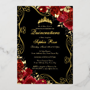 Invitation En Aluminium Tourbillon Floral Rouge Noir Papillon Quinceanera