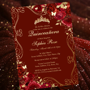 Invitation En Aluminium Tourbillon Floral Rouge Or Papillon Quinceanera