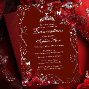 Invitation En Aluminium Tourbillon Floral Rouge Papillon Argenté Quinceane