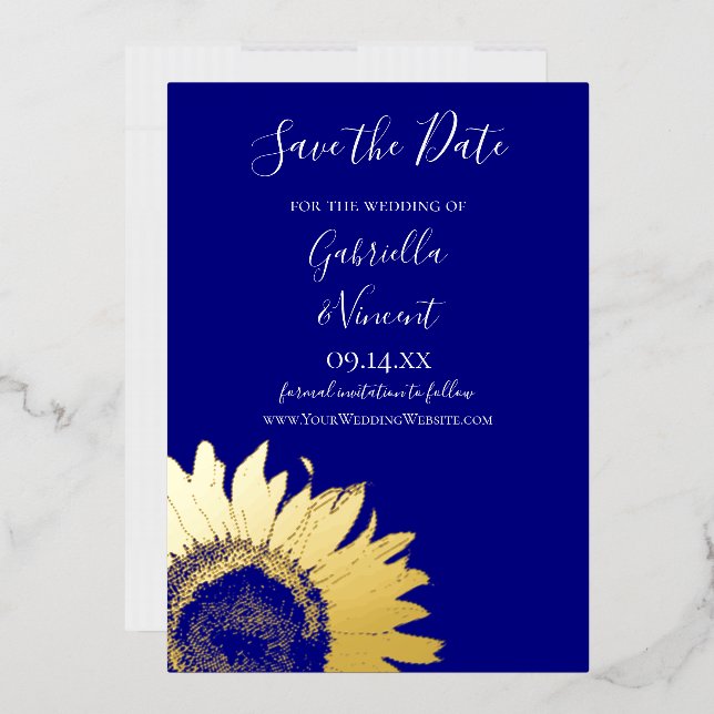 Invitation En Aluminium Tournesol d'or sur le mariage bleu marine Enregist (Enveloppe)