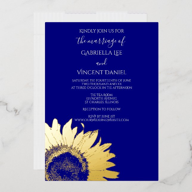 Invitation En Aluminium Tournesol d'or sur Mariage bleu marine (Enveloppe)