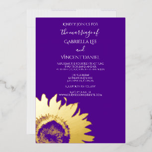 Invitation En Aluminium Tournesol d'or sur Mariage pourpre