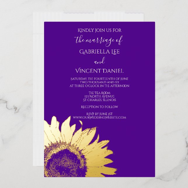 Invitation En Aluminium Tournesol d'or sur Mariage pourpre (Enveloppe)