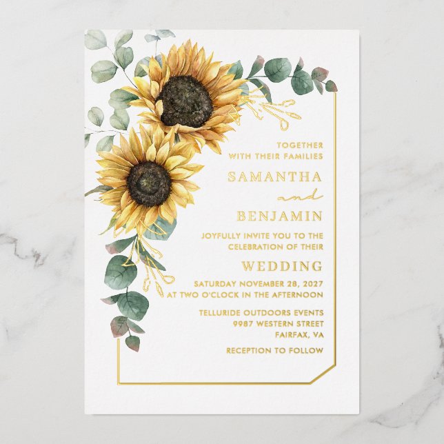Invitation En Aluminium Tournesol Eucalyptus Flore Vert Mariage Or (Recto)