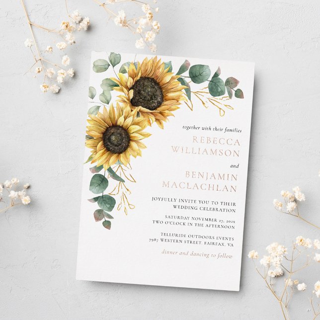 Invitation En Aluminium Tournesol Floral Rustique Mariage Rose or (Sunflower Eucalyptus Wedding Rose Gold Foil Invitation)
