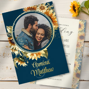 Invitation En Aluminium Tournesol Navy Blue Photo Mariage Or