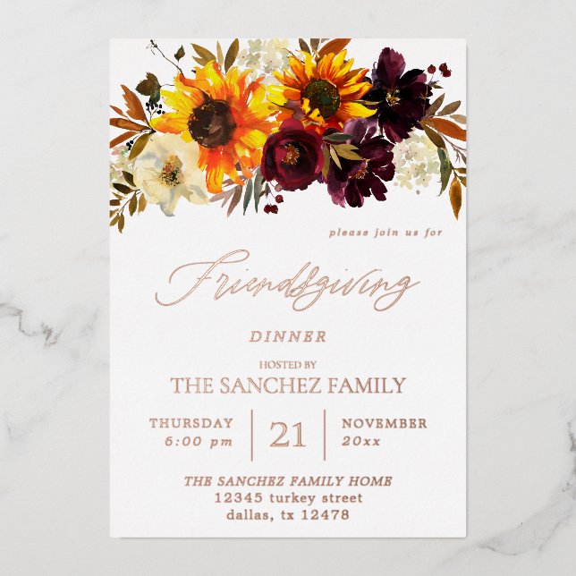 Invitation En Aluminium Tournesol Rustique & Bourgogne Floral Friendsgivin (Recto)