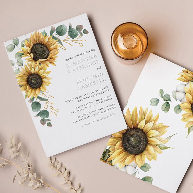 Invitation En Aluminium Tournesols et Eucalyptus Rustique Mariage Argent (Sunflower Eucalyptus Wedding Floral Silver Foil Invitation)