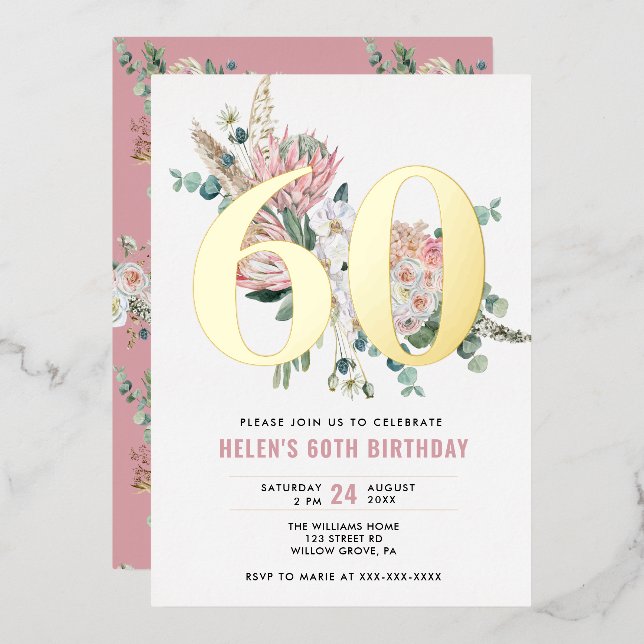 Invitation En Aluminium Tout âge Élégant moderne Dusty Rose Floral (Recto/Verso)