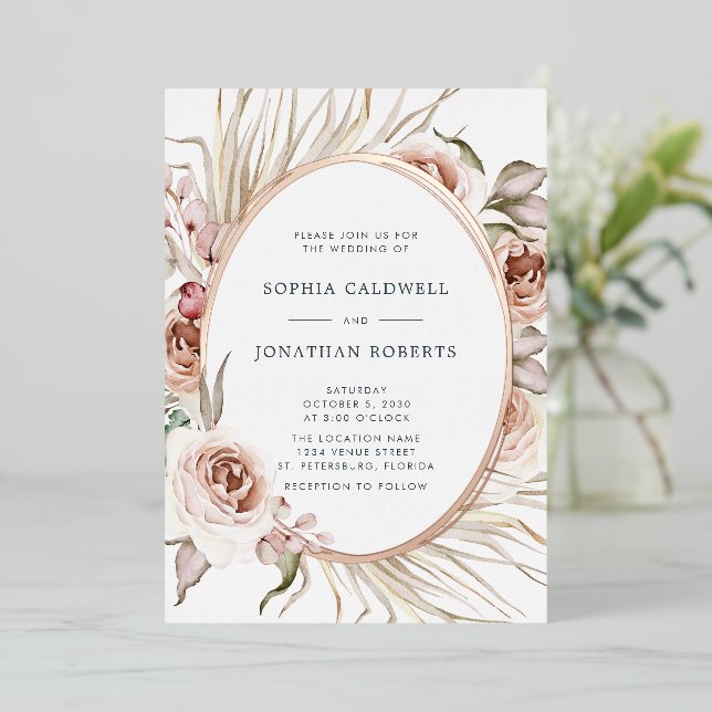 Invitation En Aluminium Tout en un Mariage Boho Floral Real Rose Or (Debout devant)