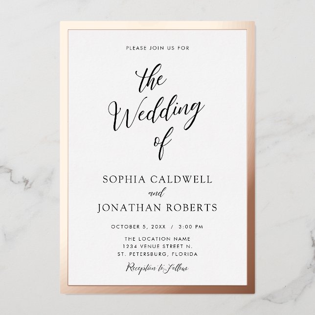 Invitation En Aluminium Tout en Un Mariage Noir Calligraphie Rose Gold (Recto)