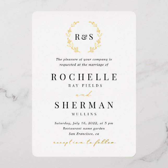 Invitation En Aluminium Tout en une feuille Monogram Gold Foil Mariage (Recto)
