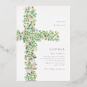 Invitation En Aluminium Trèfle fleur sauvage croix le baptême