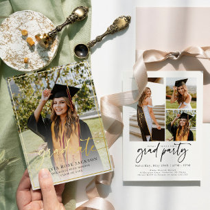 Invitation En Aluminium Trendy Décontracté Modern Photo Graduation Gold