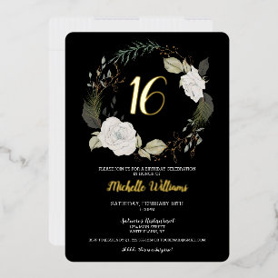 Invitation En Aluminium Trendy Sweet 16 Anniversaire Fête Floral Black Gol