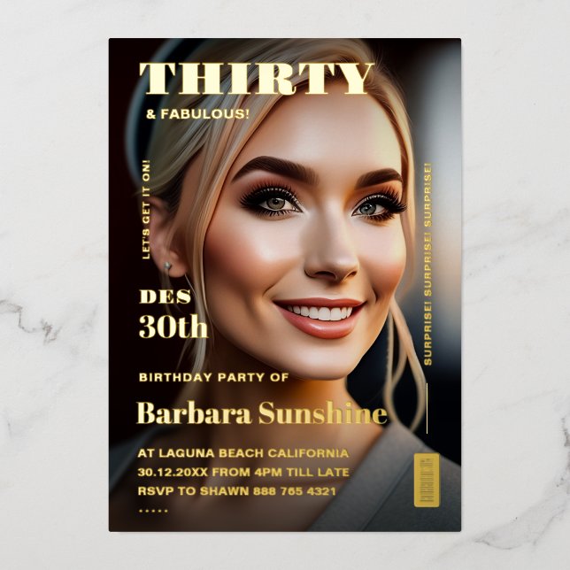 Invitation En Aluminium Trente 30e anniversaire Magazine Elégant Or modern (Recto)