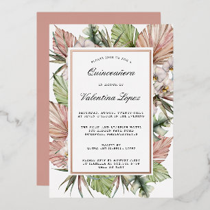 Invitation En Aluminium Tropical Dusty Rose Blanc Floral Quinceanera Or