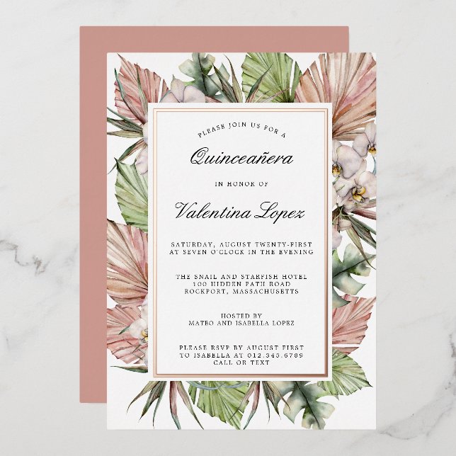 Invitation En Aluminium Tropical Dusty Rose Blanc Floral Quinceanera Or (Recto/Verso)