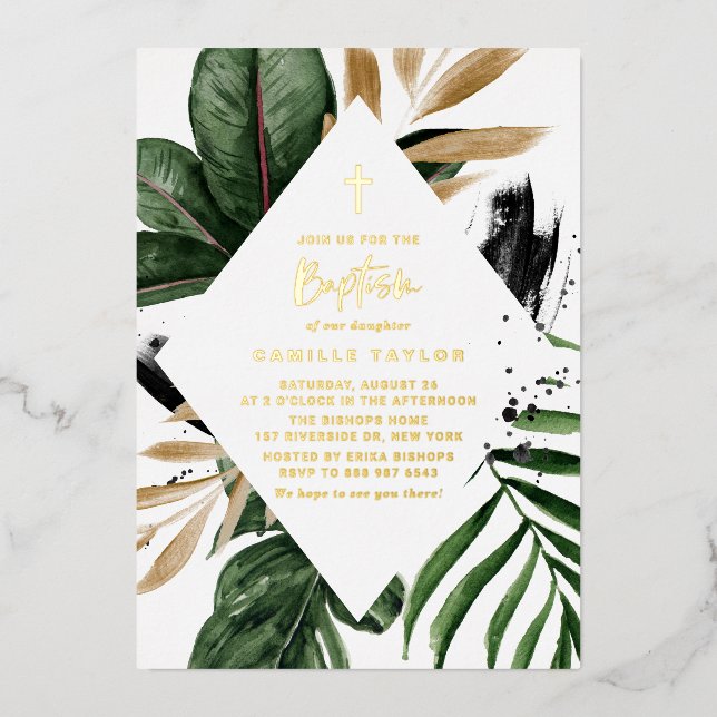 Invitation En Aluminium Tropical Feuille Faux Gold Foil Frame Baptême (Recto)
