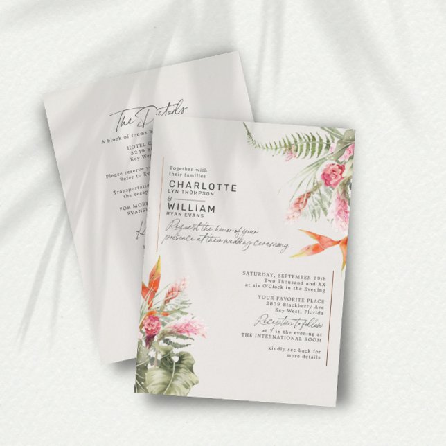 Invitation En Aluminium Tropical Floral Ivory RSVP QR Code Mariage Or (Créateur téléchargé)