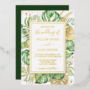 Invitation En Aluminium Tropical Gold Foil Élégant Mariage de feuillage