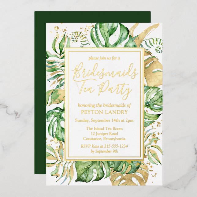 Invitation En Aluminium Tropical Gold & Green Bridesmaiers Tea Party (Recto/Verso)