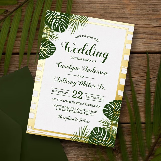 Invitation En Aluminium Tropical Green Palm Leaf Beach Mariage Real (Créateur téléchargé)