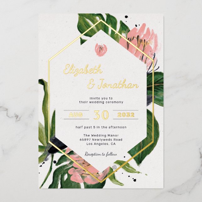 Invitation En Aluminium Tropical jungle floral moderne pink flower & leave (Recto)