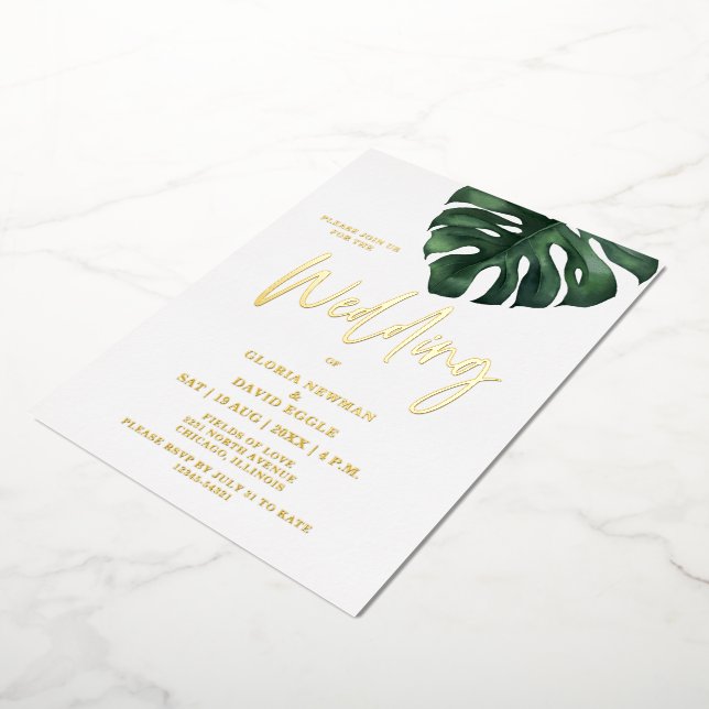 Invitation En Aluminium Tropical Palm Leaf Monstera Mariage Gold (Rotation)