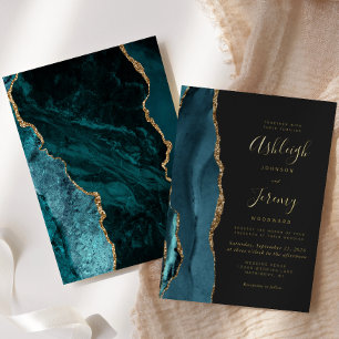 Invitation En Aluminium Turquoise Blue Gold Agate Dark Modern Mariage