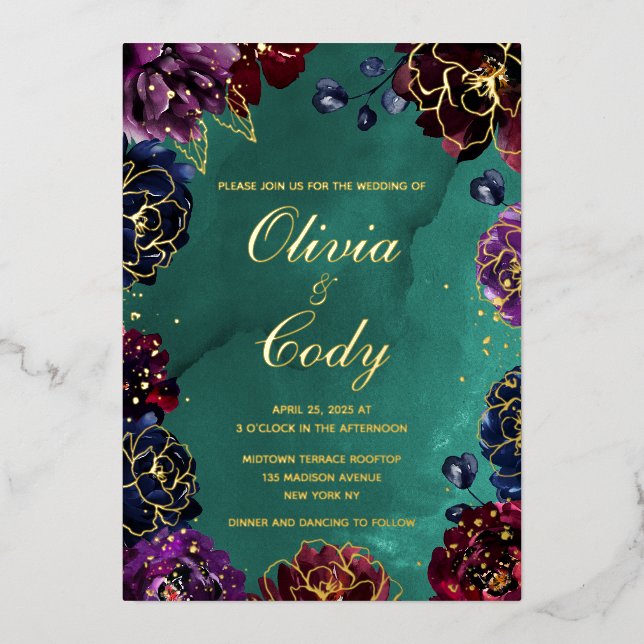 Invitation En Aluminium Turquoise Bordeaux Amethyst Bijou Tone Mariage or (Recto)