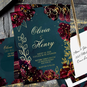 Invitation En Aluminium Turquoise Bordeaux Joyaux Tons Nom Mariage Or
