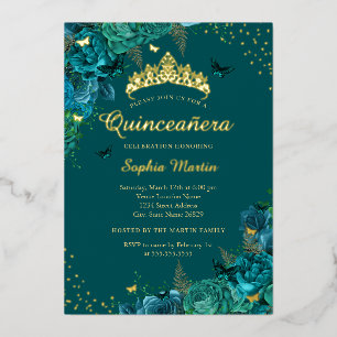 Invitation En Aluminium Turquoise Élégant papillon floral Quinceanera