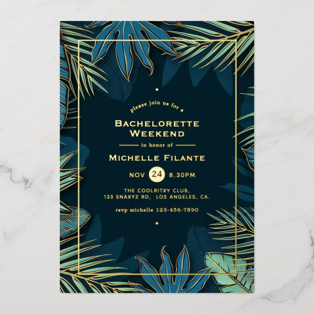 Invitation En Aluminium Turquoise et Gold Tropical Bachelorette Party (Recto)