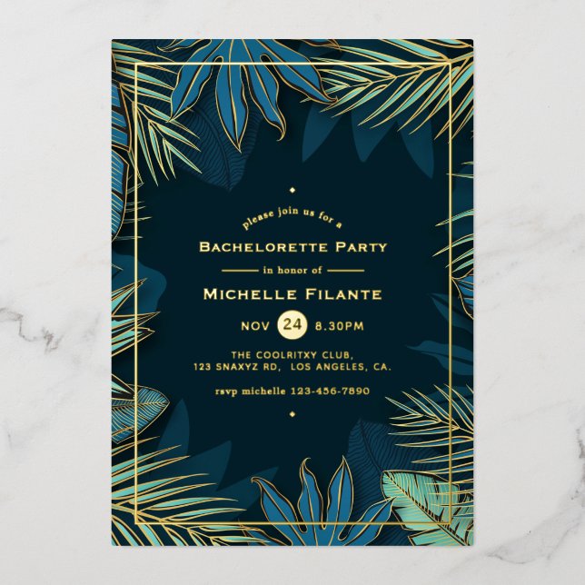 Invitation En Aluminium Turquoise et Gold Tropical Bachelorette Party Foil (Recto)
