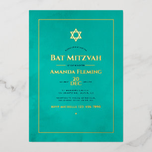 Invitation En Aluminium Turquoise et Or Photo de Bat Mitzvah à l'aquarelle