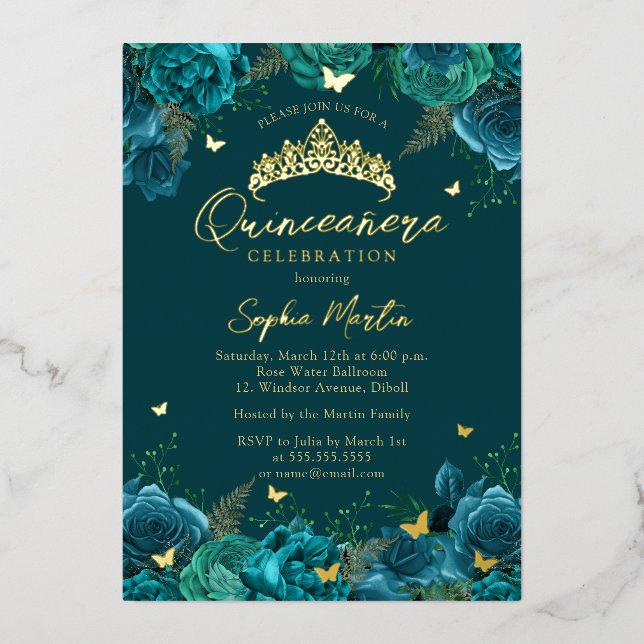 Invitation En Aluminium Turquoise Or Enchantant papillon floral Quinceaner (Recto)
