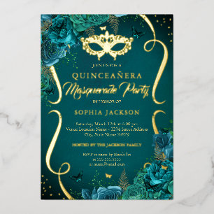 Invitation En Aluminium Turquoise or Floral Scroll Masquerade Quinceanera