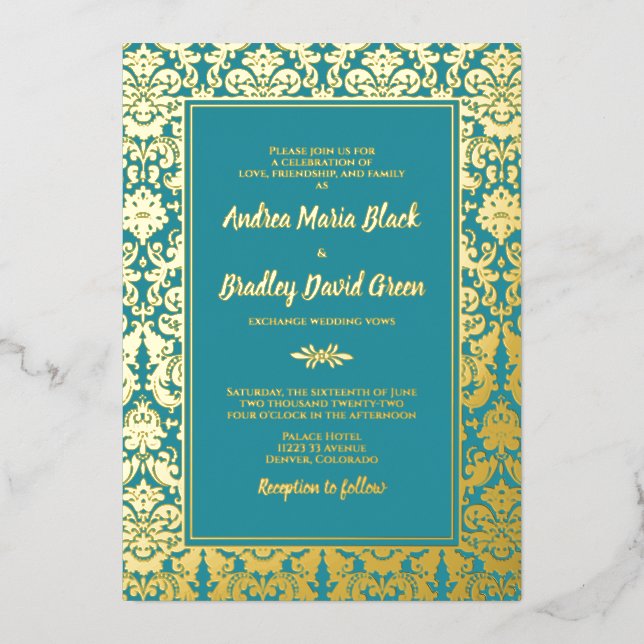 Invitation En Aluminium Turquoise Real Gold Foil Mariage damassé (Recto)