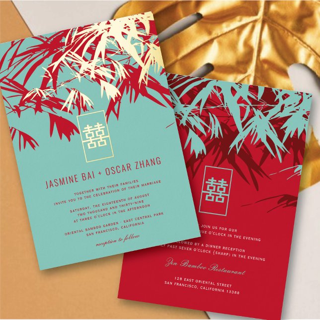 Invitation En Aluminium Turquoise & Rouge Zen Bamboo Feuille Mariage chino (Turquoise & Red Zen Bamboo Leaves Chinese Wedding Foil Invitation @ fatfatin_red_knot)