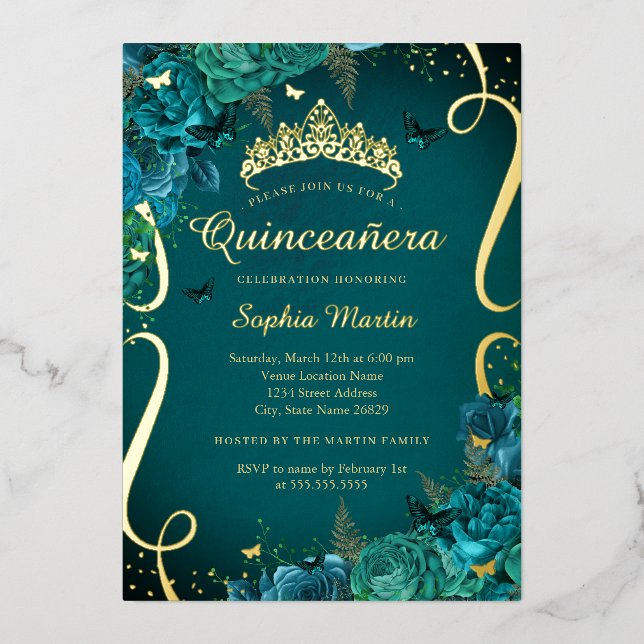 Invitation En Aluminium Turquoise Vibrant Or Floral Butterfly Quinceanera (Recto)