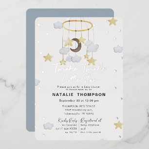 Invitation En Aluminium Twinkle Little Star Boy Baby shower bleu argent